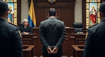 Hombre de traje, esposado, de espaldas, frente a jueza en tribunal colombiano. Dos agentes, bandera de Colombia y vitrales son visibles.