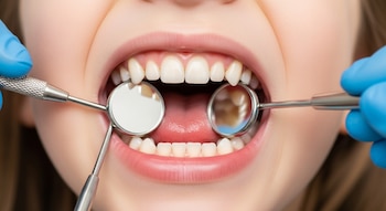 Primer plano de la boca abierta de un niño, con dientes blancos ligeramente torcidos, siendo examinada por dos espejos dentales sostenidos por manos enguantadas.