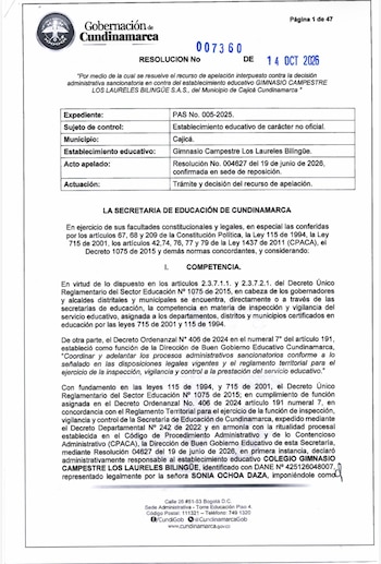 La Resolución 007360 rechazó el recurso de apelación presentado por el colegio y agotó la vía gubernativa en el caso - crédito Gobernación Cundinamarca