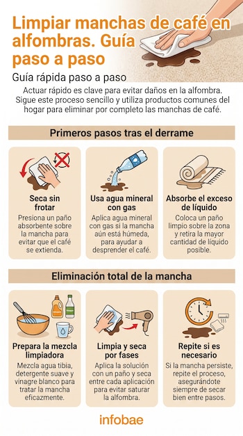 Infografía de Infobae con una guía paso a paso para limpiar manchas de café en alfombras, ilustrando las etapas y los productos de limpieza.