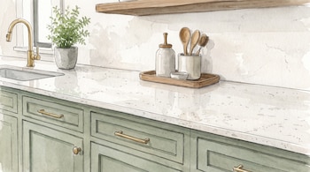 Ilustración en acuarela de una encimera con grifo dorado, planta en maceta, utensilios de madera y gabinetes inferiores de color verde.