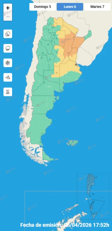 Los mapas de alerta muestran advertencias para el noreste y el este bonaerense durante el lunes
