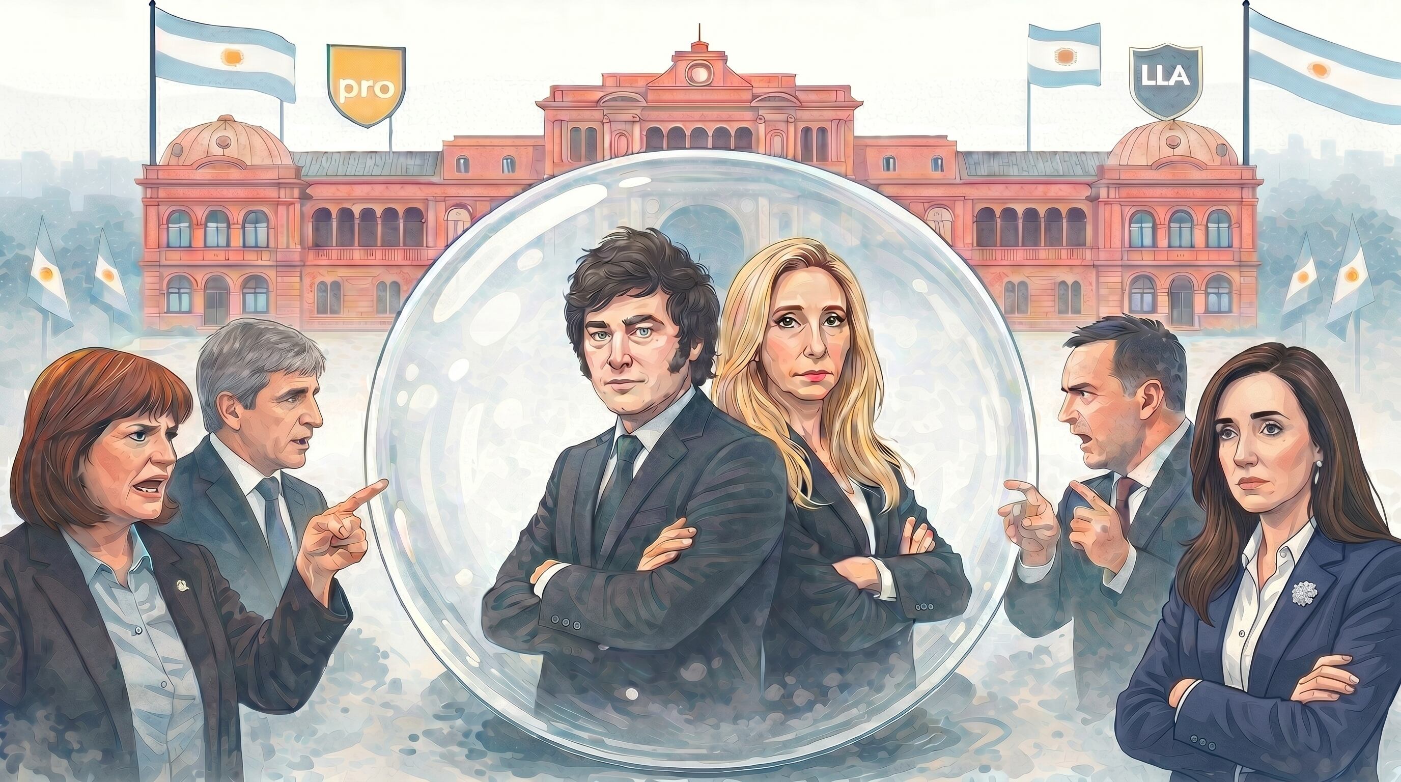 Javier Milei y Karina Milei en el centro de la escena. A los lados, Patricia Bullrich, Luis Caputo, Manuel Adorni y Victoria Villarruel (Imagen Ilustrativa Infobae)