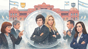 Ilustración: Javier Milei y Victoria Villarruel en burbuja central. Patricia Bullrich y Luis Caputo a la izquierda, Guillermo Francos y Sandra Pettovello a la derecha. Fondo: Casa Rosada y banderas.
