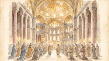 Ilustración de acuarela del interior de Santa Sofía: gran cúpula dorada, columnas rosadas y figuras orando arrodilladas y de pie en una luz cálida difusa.