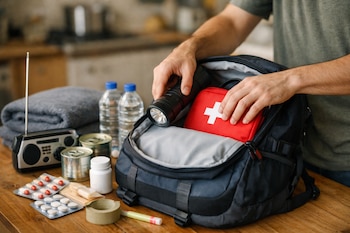 Manos introducen una linterna y un botiquín rojo en una mochila negra, junto a una radio, frazada gris, botellas de agua, latas, medicamentos y cinta adhesiva.