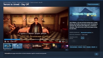 Captura de pantalla del videojuego 'Terrors to Unveil - Day Off' con dos personajes en un restaurante, diálogo en pantalla y la interfaz de Steam alrededor