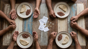 Vista cenital de cuatro platos con tortillas y frijoles, rodeados por ocho manos sobre una mesa de madera. En el centro, un ticket y monedas.