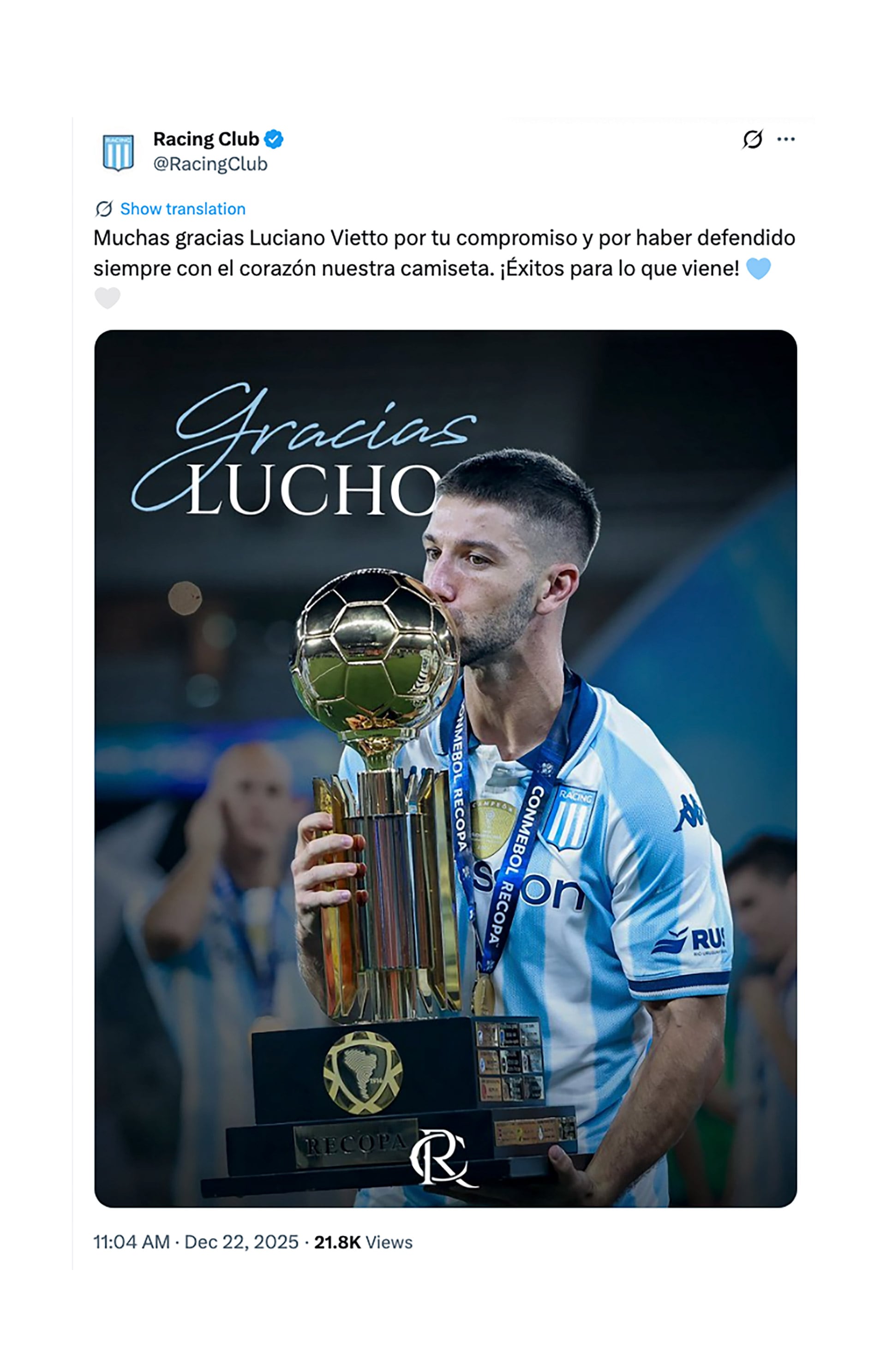 El posteo de Racing en las redes sociales para despedir a Vietto (@RacingClub)