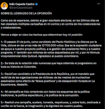 Iván Cepeda reafirmó liderazgo opositor y prometió defensa férrea del progresismo - crédito @IvanCepedaCast/X