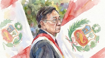 Ilustración en acuarela de Alberto Fujimori mirando a la derecha, con gafas y banda presidencial, flanqueado por dos banderas peruanas estilizadas.