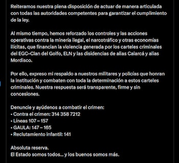 Las autoridades advirtieron que no permitirán vínculos ni omisiones institucionales entre las Fuerzas Armadas y las economías criminales en la región de Antioquia - crédito X