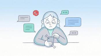 Ilustración plana de una persona con expresión de duda mirando un teléfono móvil que vibra sobre una mesa, con burbujas de mensajes y un icono de llamada rojo flotando alrededor.