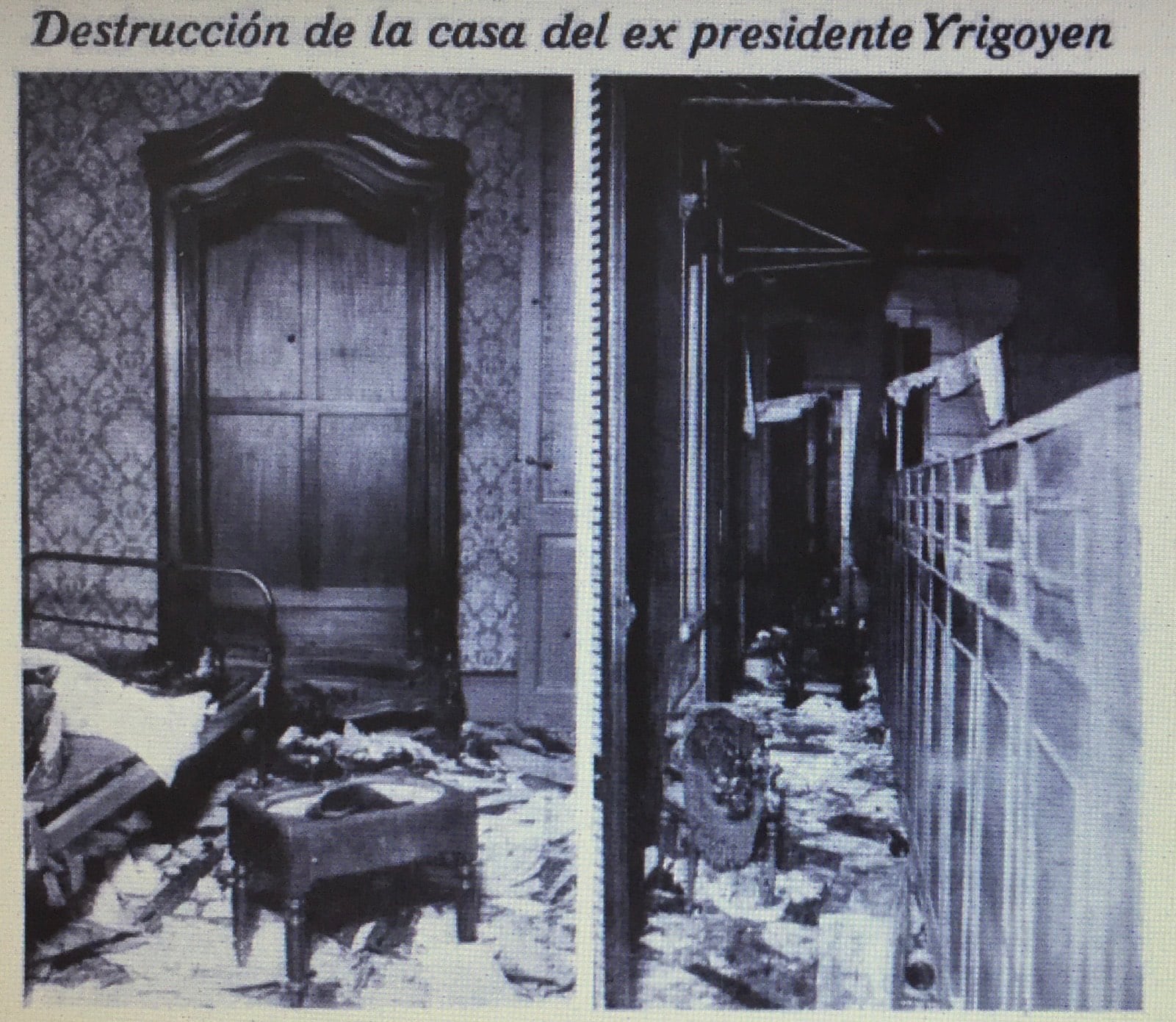 Interior de la casa de Yrigoyen de la calle Brasil. Esta fotografía corresponde cuando fue desalojado del poder y una turba la saqueó. Se sorprendieron al comprobar con la modestia en la que vivía (Revista Caras y Caretas)