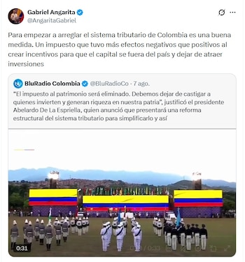 Gabriel Angarita, economista, dijo que el impuesto al patrimonio trajo más efectos negativos que positivos a la economía colombiana - crédito @AngaritaGabriel/X