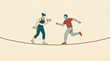 Ilustración de dos figuras estilizadas sobre una cuerda floja: una mujer levanta mancuernas y un hombre corre. Fondo liso en color crema.