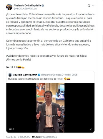 De la Espriella, una vez más, volvió a decir cuando aún era candidato a la Presidencia: "Colombia no necesita más impuestos" - crédito @ABDELAESPRIELLA/X