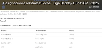 Así es como anuncia la Dimayor los árbitros para la primera fecha de la Liga BetPlay 2026-II - crédito Dimayor