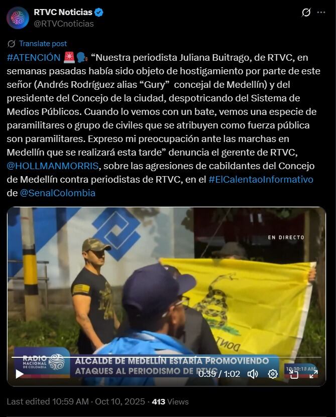 Las denuncias de hostigamiento contra periodistas y la actuación de funcionarios durante protestas recientes reabren el debate sobre los límites institucionales y el respeto a los derechos fundamentales en el contexto colombiano - crédito captura de pantalla / X