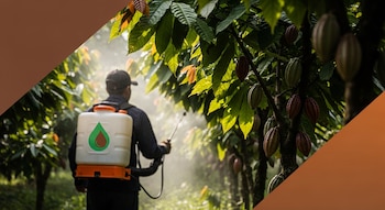 Silueta de trabajador con gorra y mochila de aspersión con logo de gota bicolor, fumigando plantas de cacao con hojas y mazorcas.