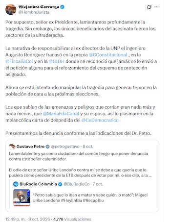 Carranza señaló a María Fernanda Cabal en su réplica luego de que Petro anunció que tomará acciones legales - crédito @HombreJurista/X