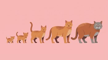 Seis gatos estilizados de color anaranjado sobre un fondo rosa. Los gatos varían en tamaño, desde un gatito pequeño hasta un gato senior con pelaje gris en la cara.