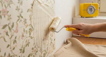 Una mano aplica removedor de gel con un rodillo sobre un papel tapiz floral rayado. Un reloj amarillo marca 15 minutos junto a la pared y una lona cubre el piso.