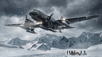 Avión bimotor con esquís y hélices desciende sobre un paisaje montañoso nevado con nubes oscuras y caída de nieve. Varias personas en tierra.