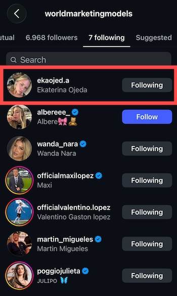 Pantalla de aplicación de Instagram con el perfil 'worldmarketingmodels'. Se visualizan 6.968 seguidores, 7 seguidos y una lista de perfiles, incluyendo Ekaterina Ojeda