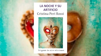 Capa horizontal do livro 'A Noite e seu Artifício' de Cristina Peri Rossi. Apresenta rosto estilizado com meia máscara vermelha e dourada, sobre fundo turquesa.