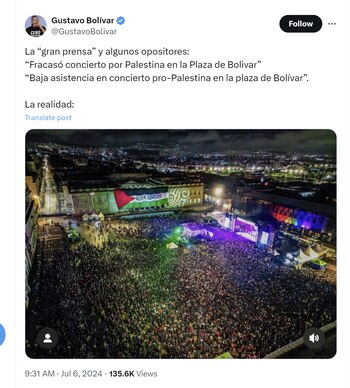 Gustavo Bolívar criticó a la prensa por asegurar que hubo poca afluencia en el concierto por Palestina - crédito @GustavoBolivar/X