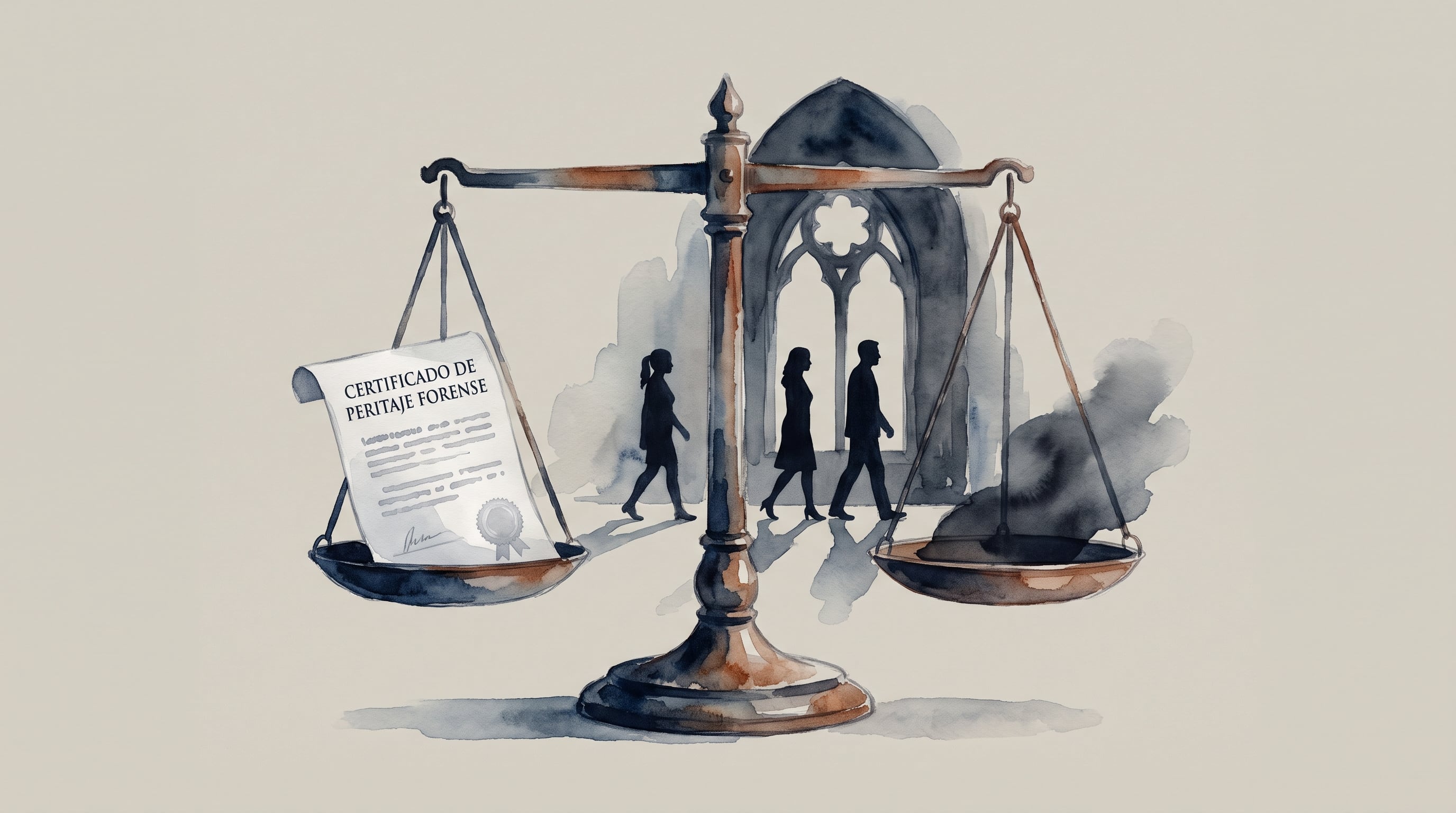 Una balanza de la justicia equilibra un certificado de peritaje forense con una mancha oscura frente a tres siluetas humanas. (Imagen Ilustrativa Infobae)
