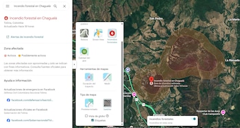 El mapa interactivo utiliza datos satelitales y reportes institucionales para mostrar la evolución de los incendios en tiempo real - crédito captura de pantalla / Google Maps