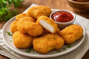 Nuggets de pollo fritos en un plato junto a un pocillo con salsa roja, con una pieza partida que deja ver la carne interior.
