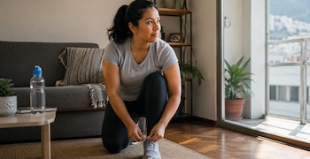 Mujer agachada atándose los cordones de zapatillas deportivas grises en un salón con sofá, mesa con botella de agua, planta y ventana a la ciudad