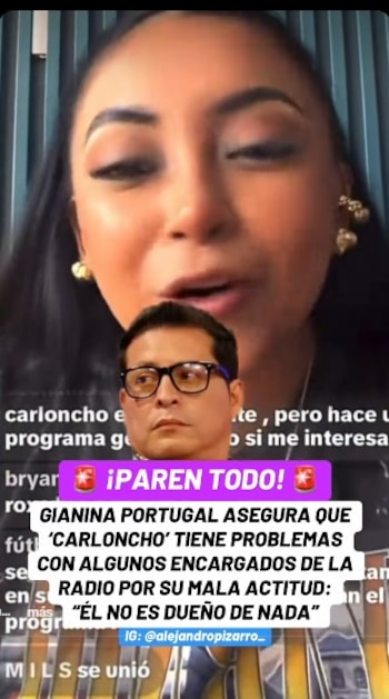 Un primer plano de Gianina Portugal sobrepuesto con el rostro del conductor Carloncho y textos explicativos en una captura de pantalla