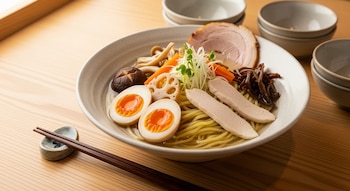 Primer plano de un tazón de ramen con fideos, carne de cerdo, pollo, setas, zanahoria, raíz de loto, brotes y huevos. Palillos y cuencos vacíos en una mesa de madera.