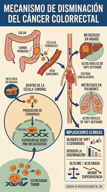 Infografía con diagramas del colon, del sistema circulatorio, del hígado y de los pulmones con texto explicativo sobre diseminación tumoral.