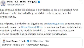 María José Pizarro le respondió en X a Juan Daniel Oviedo - crédito @PizarroMariaJo/X