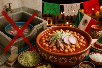 Un cuenco de barro con pozole rojo decorado con rábano junto a un lavadero de piedra tachado con una cruz roja y adornos patrios mexicanos.