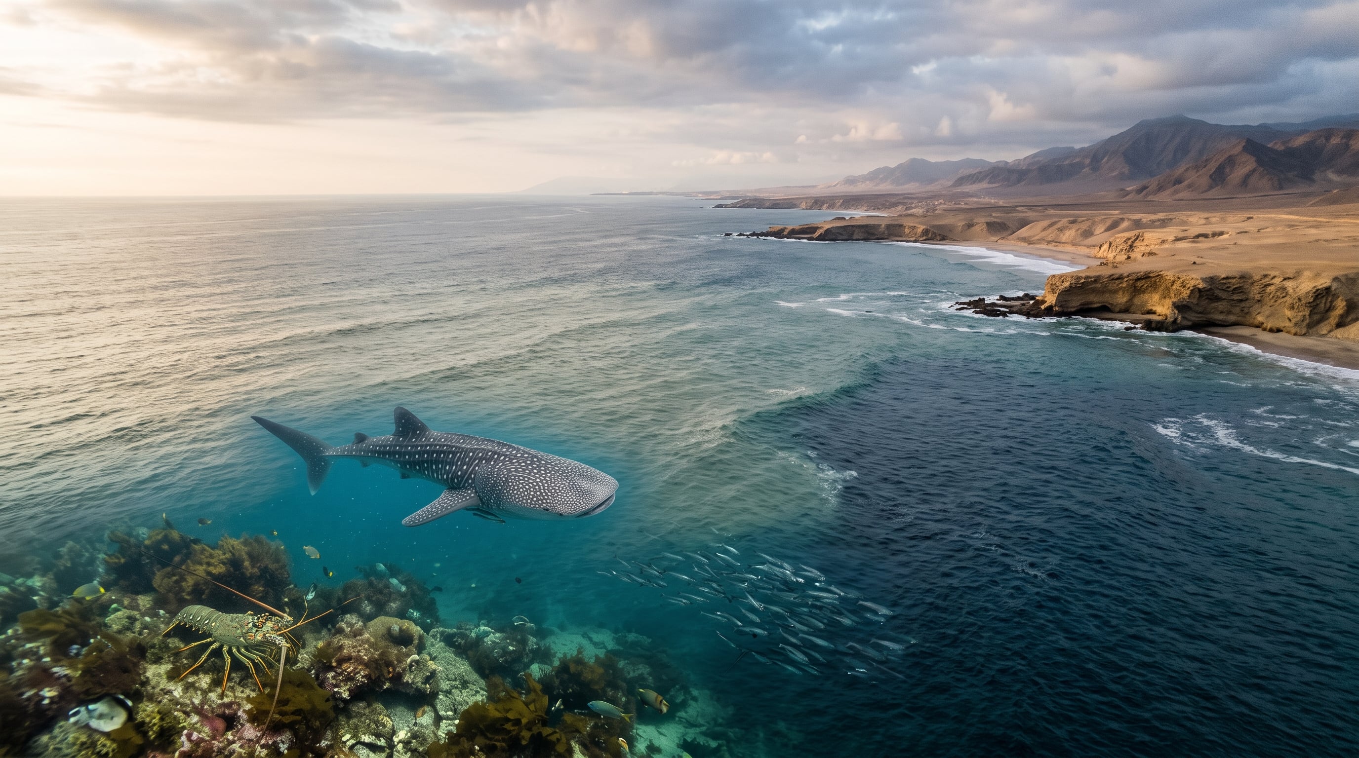 Varias especies de aguas cálidas, como el tiburón ballena y la langosta verde, registran cambios en su distribución frente a la costa del Perú debido al fenómeno de El Niño. (Imagen Ilustrativa Infobae)