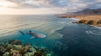 Un tiburón ballena, una langosta sobre rocas marinas y un banco de peces nadan en el mar junto a una costa desértica