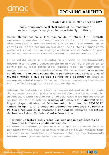 Este posicionamiento se da luego de que la periodista denunciara que, desde que tuvo que desplazarse a causa del riesgo que corría por su trabajo periodístico, en 2019, solo ha recibido un apoyo.
