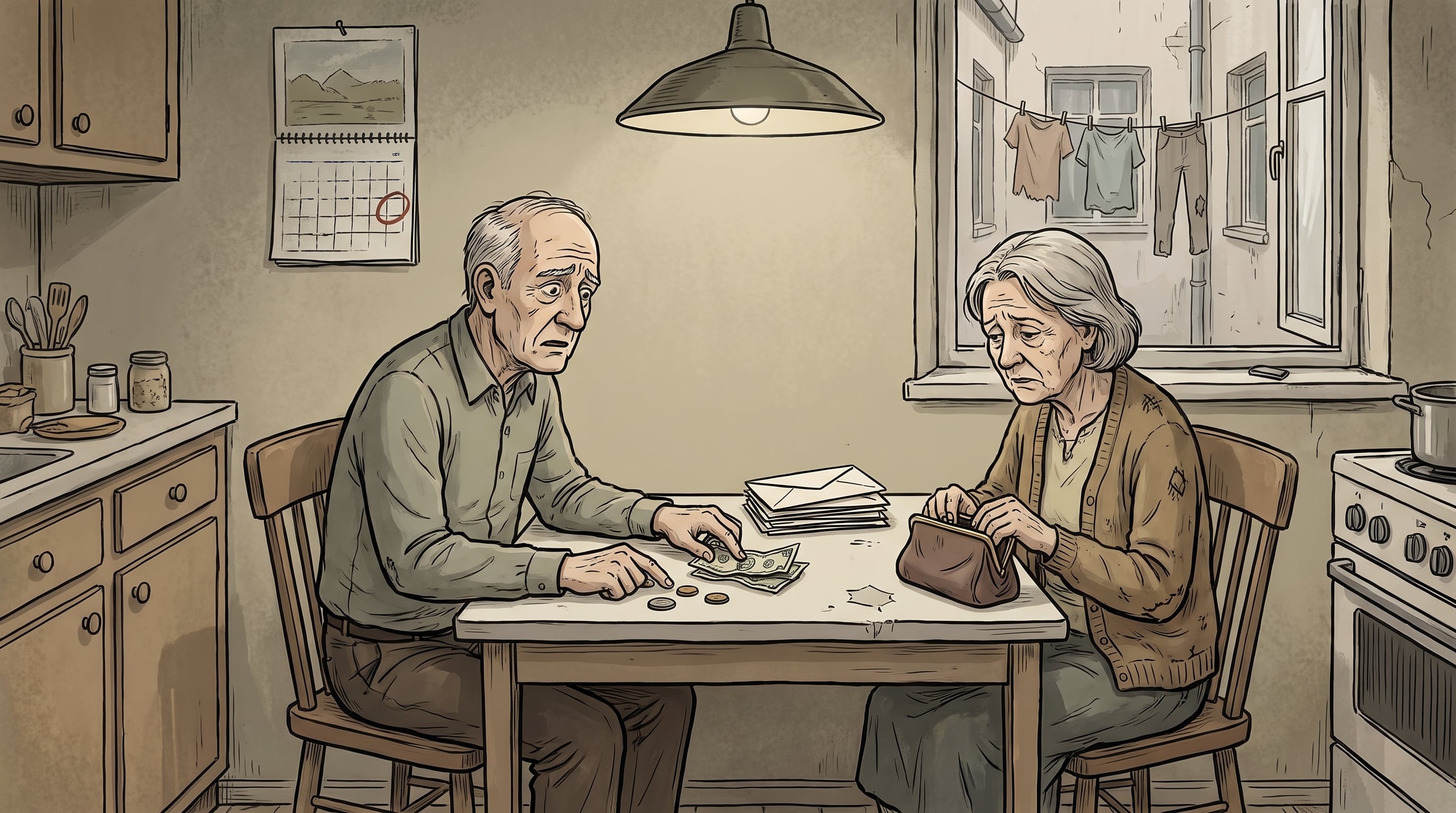 Un matrimonio de ancianos cuenta su dinero mensual sobre la mesa de la cocina en su casa. (Imagen Ilustrativa Infobae)