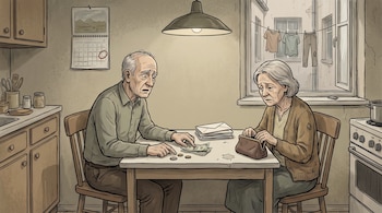 Ilustración de un hombre y una mujer ancianos sentados a una mesa contando billetes y monedas junto a cartas y un monedero.