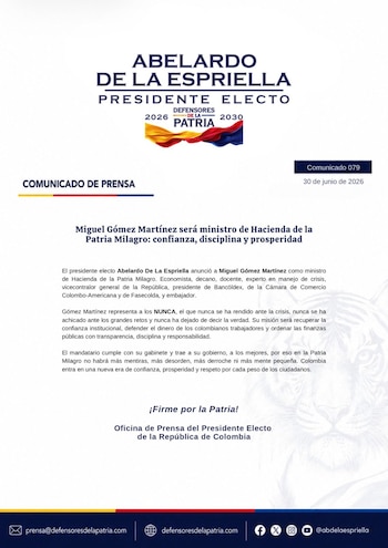 Miguel Gómez Martínez será el ministro de Hacienda de De la Espriella - crédito @defensoresco/X