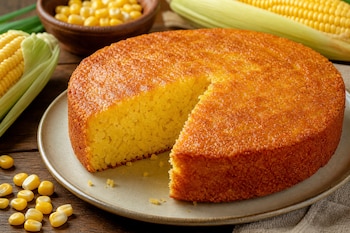 Pan de elote redondo en un plato con una rebanada cortada, acompañado de mazorcas y granos sueltos de maíz sobre una mesa de madera.