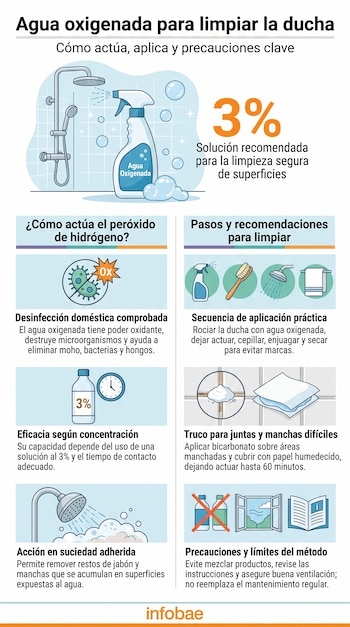 Infografía con ilustraciones de una botella de agua oxigenada, un cepillo de mano, un cabezal de ducha y esquemas explicativos.