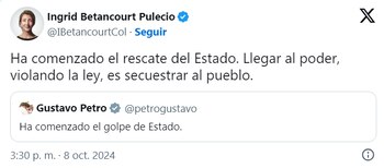 Ingrid Betancourt critica métodos de gobierno de Petro en medio de conflicto electoral - crédito @IBetancourtCol / X