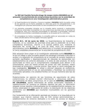 La Superintendencia de Industria y Comercio (SIC) formuló un pliego de cargos contra Bavaria por el presunto incumplimiento de los compromisos que la cervecera había asumido en 2022 para cerrar de manera anticipada una investigación sobre restricciones a la libre competencia en el mercado colombiano de la cerveza - crédito @sicsuper/X